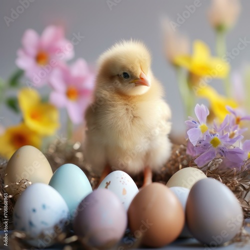 A small chicken is surrounded by colorful eggs. Generative AI.