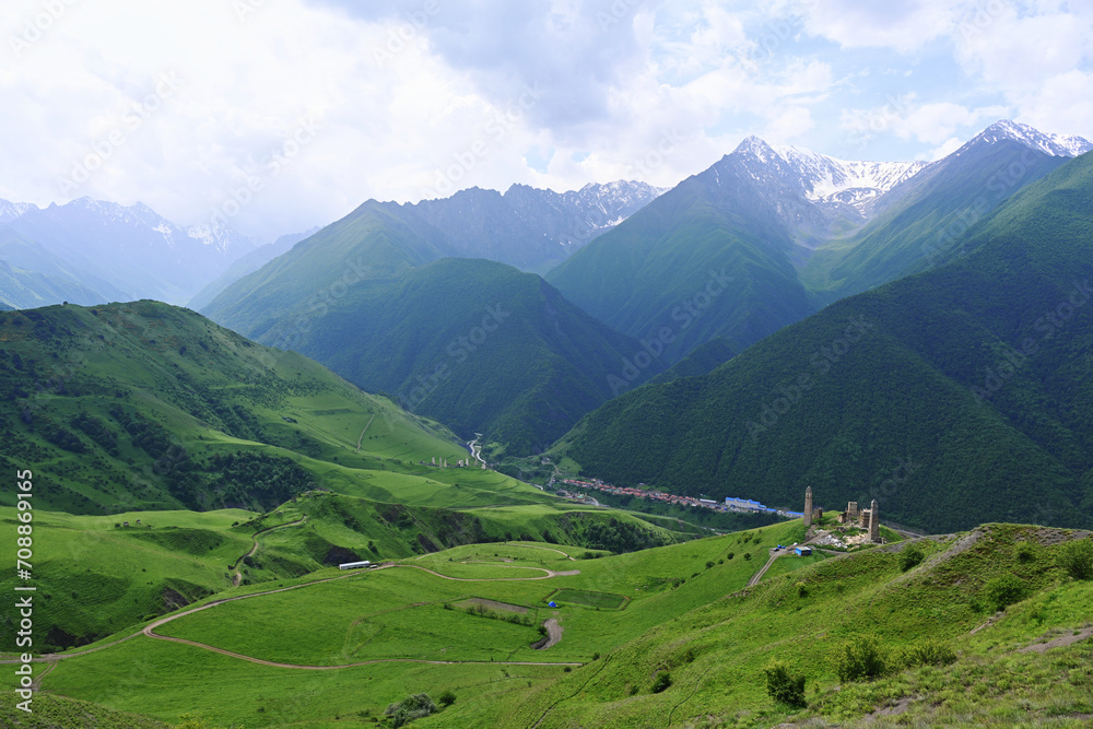 Scenic landscape of the Caucasus Mountains in the Erzi valley