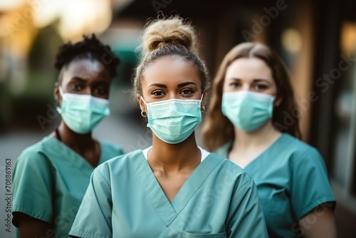 Three female healthcare professionals wearing surgical masks