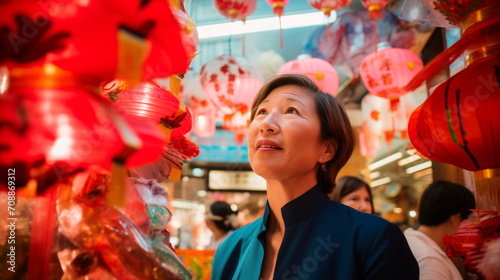 Chinese new year, portrait of a woman, holiday, decorations paper lanterns, blurred glowing lights in the background. China