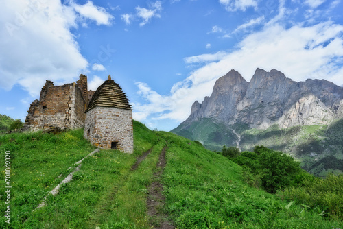 Ruins of Kost mountain settlement with a burial ground, Ingushetia Republic of Russia