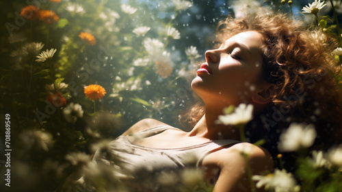 Spring portrait of a woman lying in flowers in a field grass. Romance and dreams