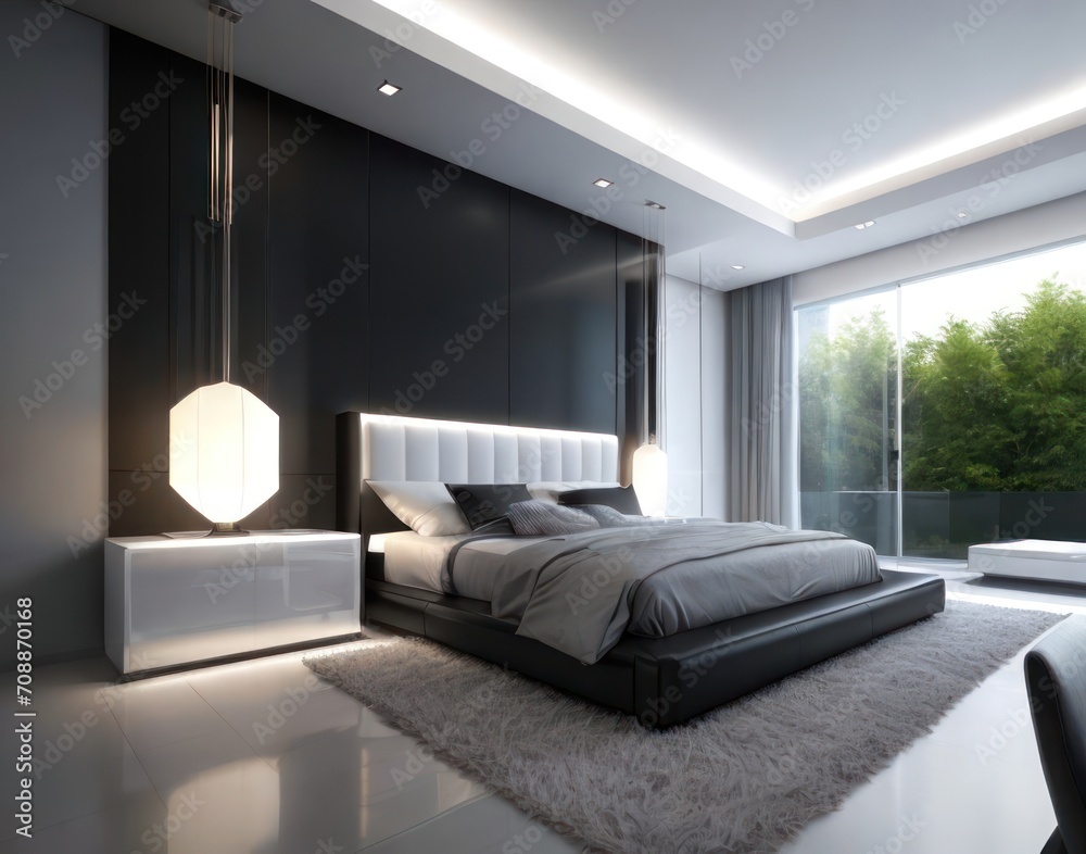 3d render of bedroom in modern style with black and white wall
