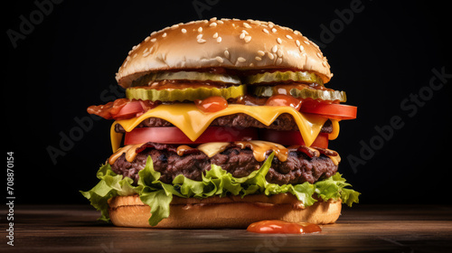 fresh tasty burger on black background, Generative Ai