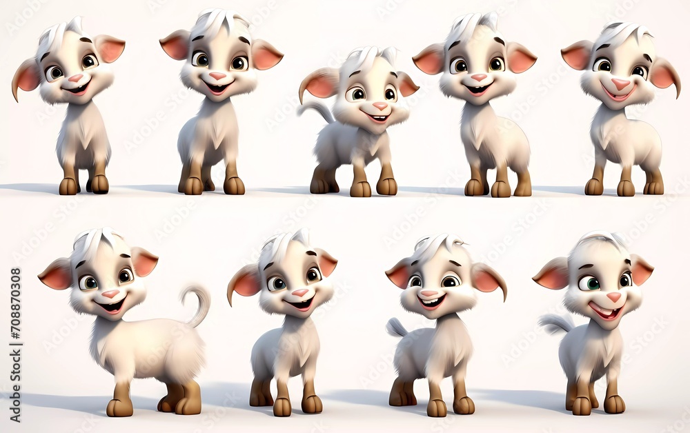 collection of 3d illustrations of cute cartoon goat kids, in various styles, on a white background. generative ai