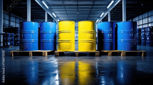 Stacked blue oil barrels, Industrial concept