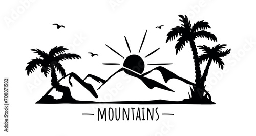 silhouette of mountain and palm trees vector