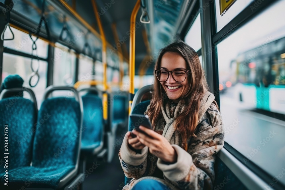 Photo a person using smartphone on the bus - obrazy, fototapety, plakaty 