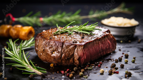 Succulent roasted beef tenderloin steak with rosemary and coarse pepper, Generative Ai