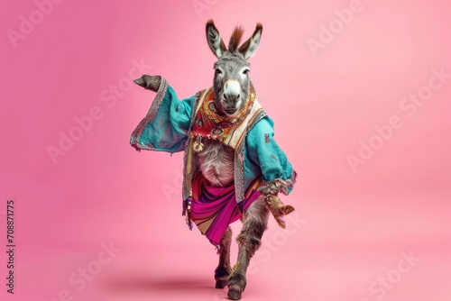 Donkey wearing colorful clothes dancing on pink background . 