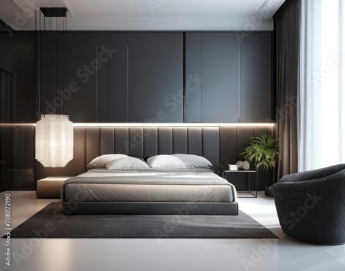 3d render of bedroom in modern style with black and white wall © Dustin Ai
