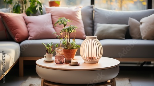 Still life of a coffee table with a wooden lamp and plants