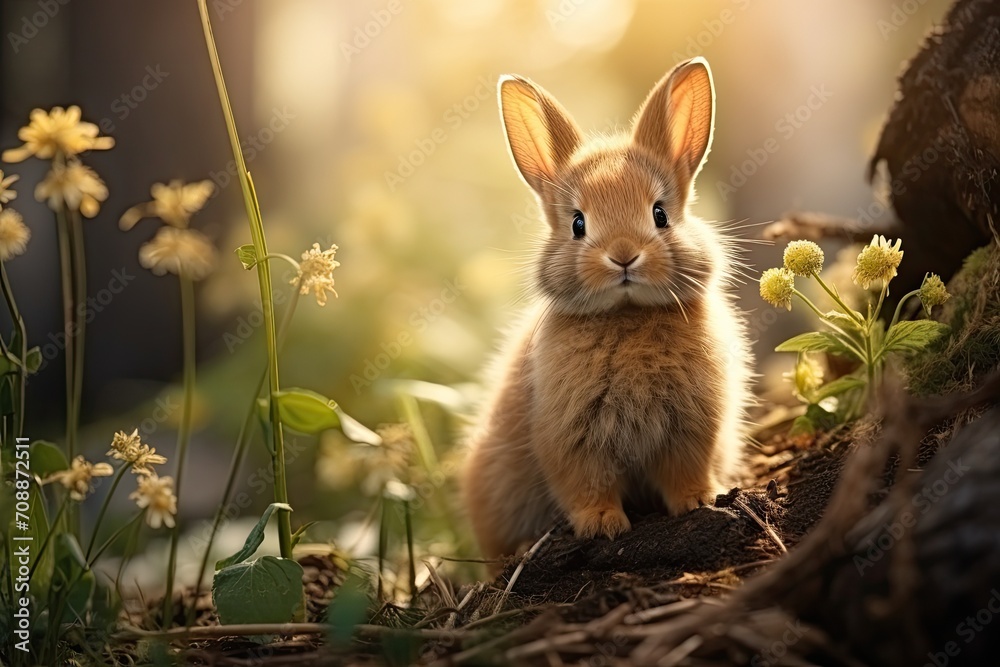 Fototapeta premium A cute happy Easter bunny in the spring forest.