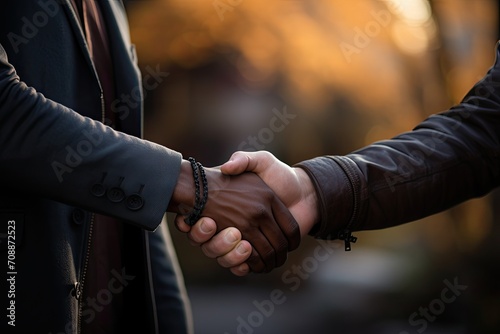 A dark-skinned man firmly shakes hands with a European.