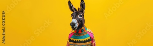 Donkey wearing colorful clothes dancing on yellow background . Banner