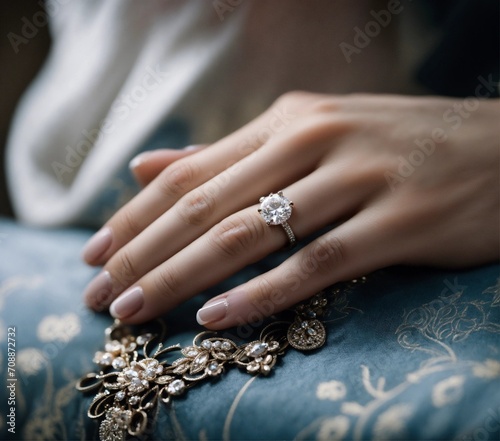 A wome hand with a engagement ring French manicure