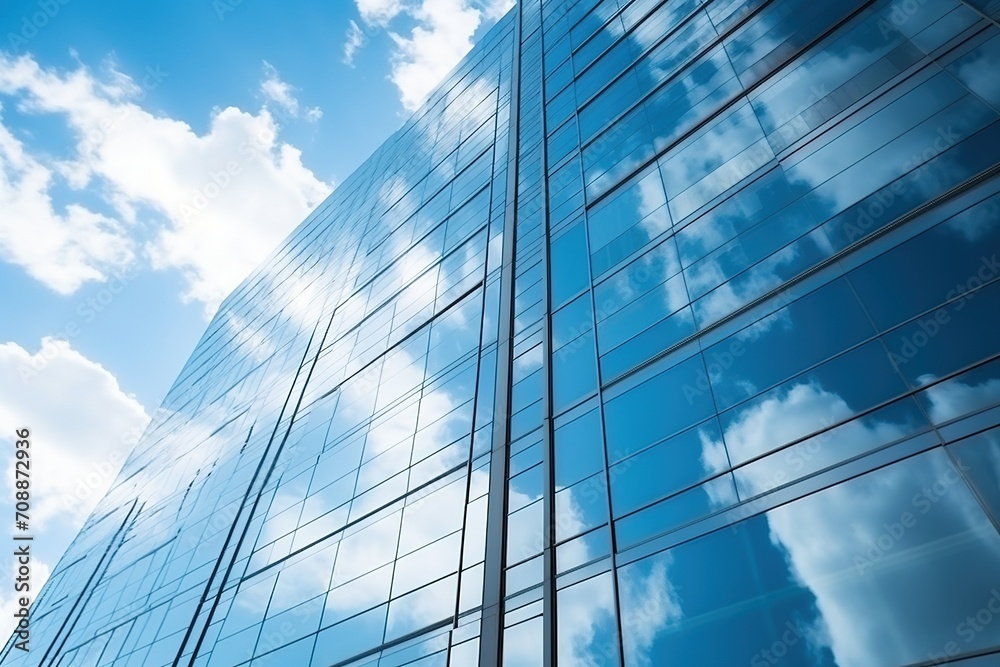 Blue glass skyscraper reflecting the sky