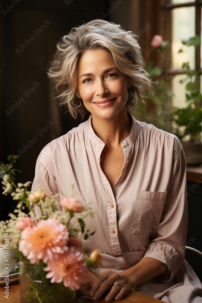 Portrait of a smiling middle-aged woman with short gray hair