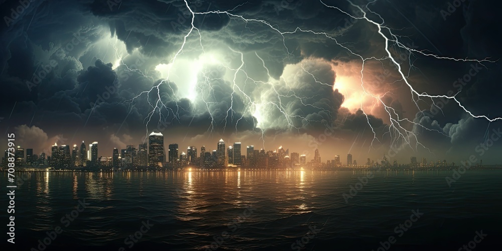  A thunderstorm with lightning over a futuristic city