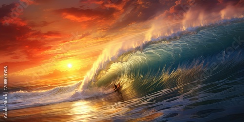  A surfer on a huge wave at sunset © Creative Canvas