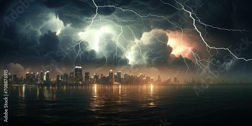  A thunderstorm with lightning over a futuristic city