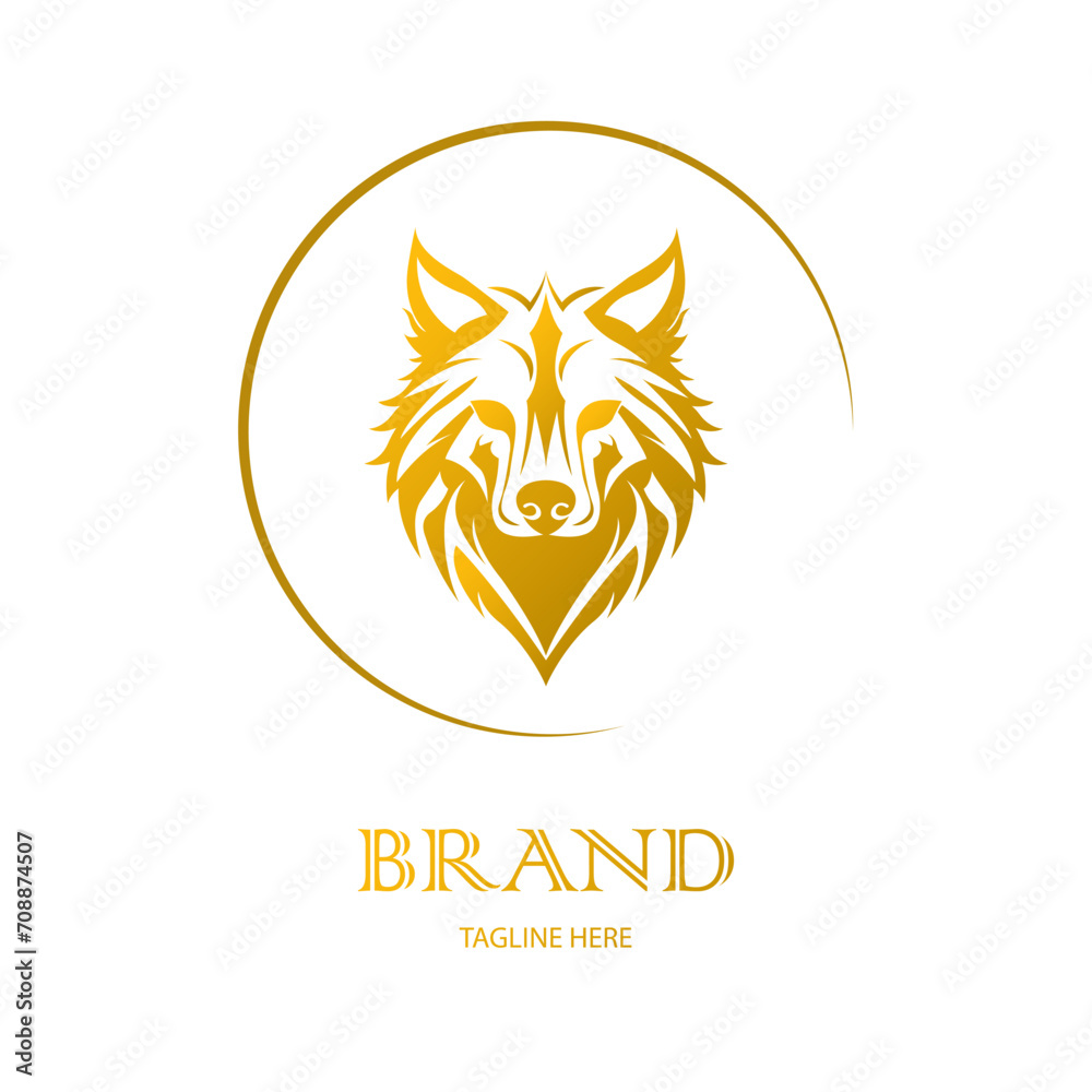 Wolf logo template. Vector. Golden yellow. Front view of a symmetrical wolf, looking dangerous. Vector icon Wolf logo template. Vector. Golden yellow. Front view of a symmetrical wolf, looking dangerous. Vector icon