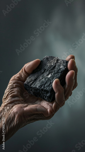 An aged hand cradles a rough chunk of coal, symbolizing the enduring strength and resilience gleaned from life's pressures photo