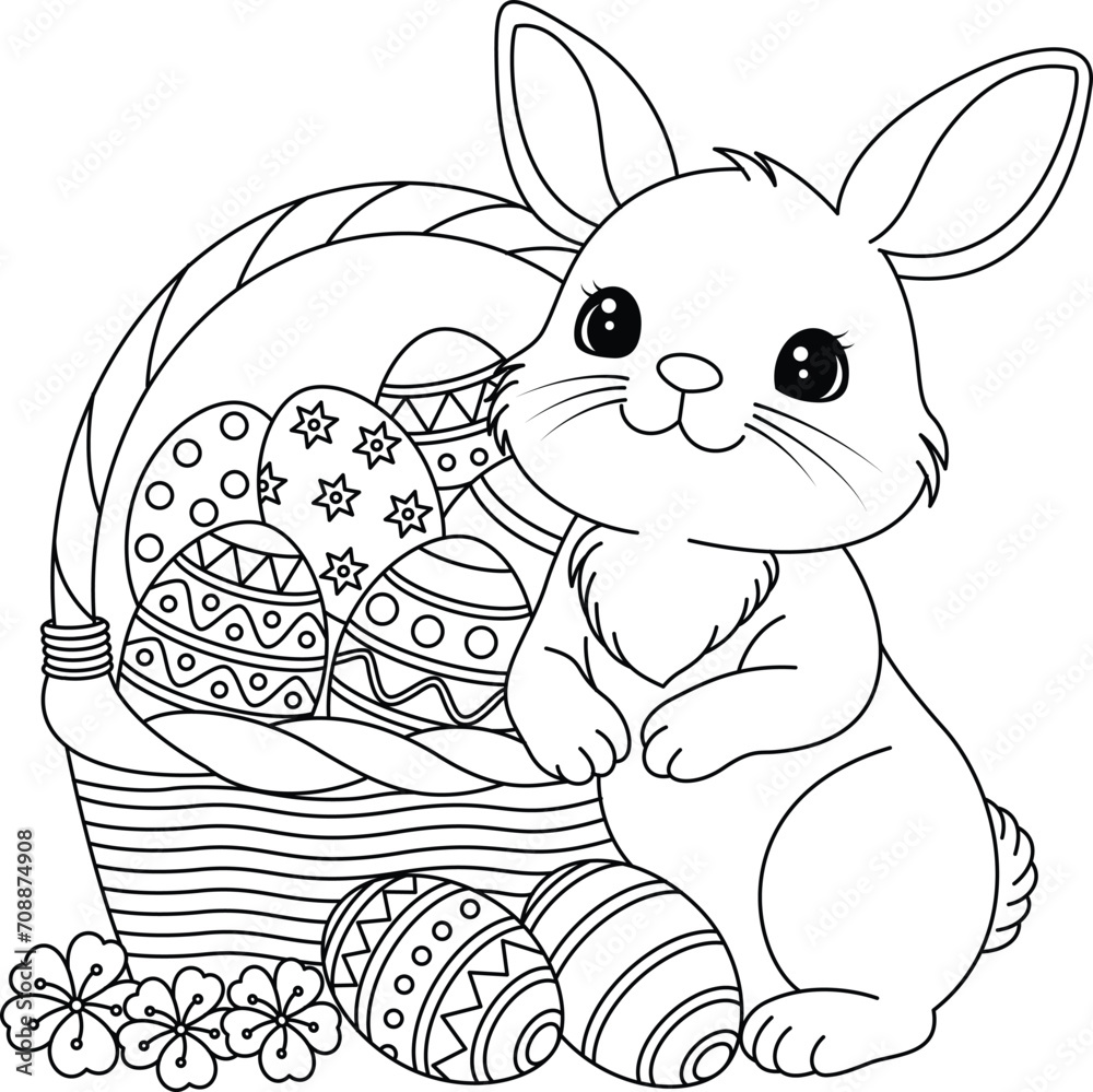 Easter Bunny and a basket of decorated Easter egg coloring page