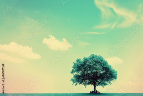 A tree with a vast canopy sheltering a family  set against a dreamy sky  symbolizing unity and enduring values