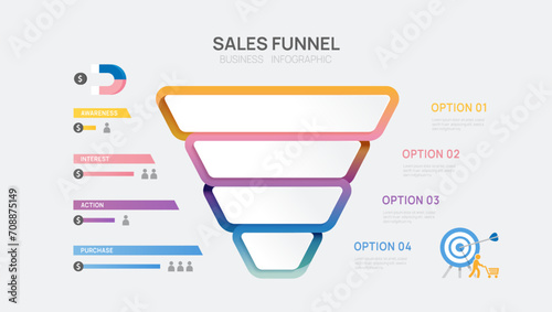 Infographic Sales funnel diagram label template for business. Modern  Timeline inbound step, digital marketing data, presentation vector infographics.