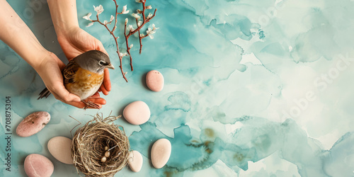 Hands gently cradling a robin bird with a backdrop of a nest, eggs, and blossoming branches, a concept of care
