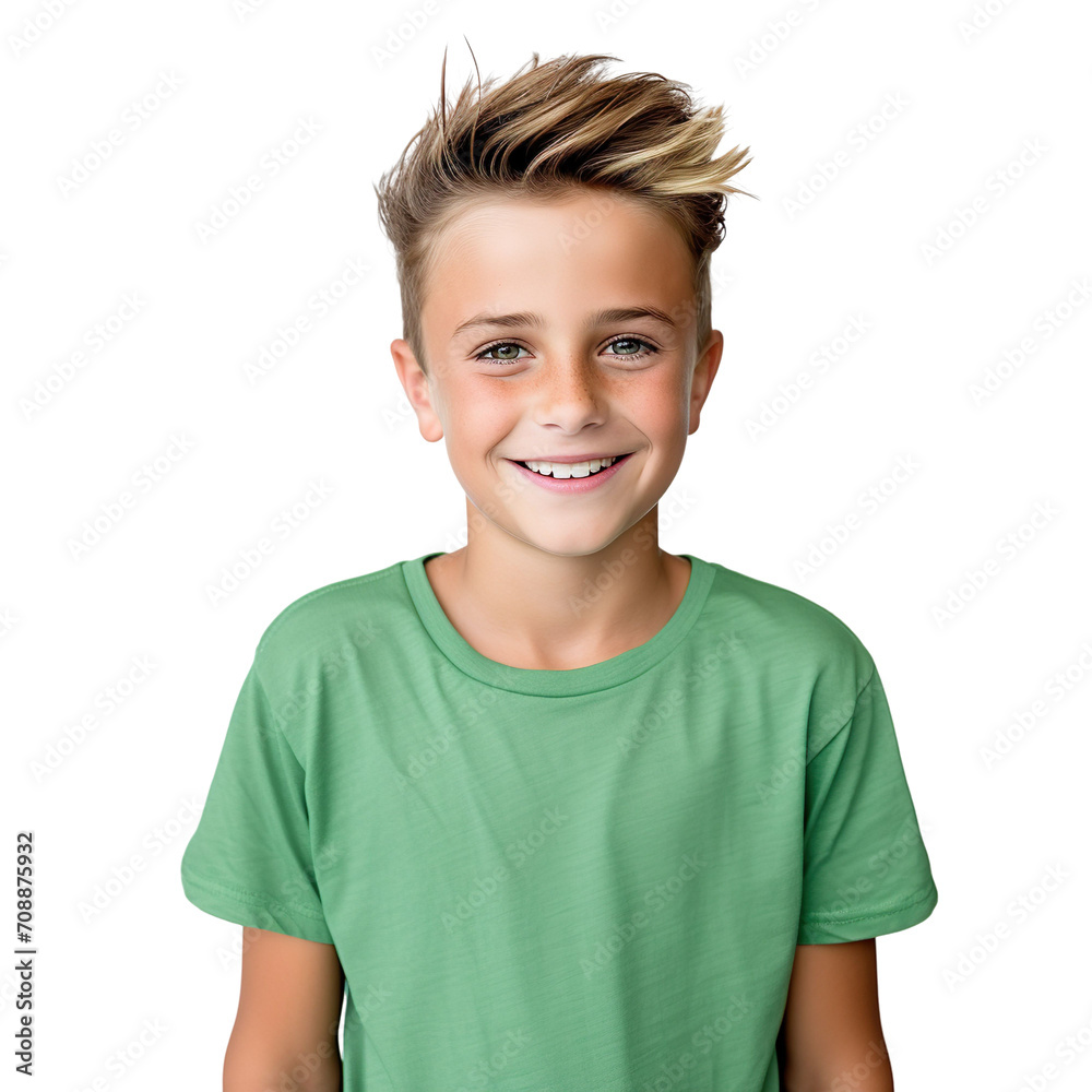 Front view mid shot of a 10-year-old white boy dressed in a green graphic T-shirt and denim jeans, smiling on a white background Front view mid shot of a 10-year-old white boy dressed in a green graphic T-shirt and denim jeans, smiling on a white background