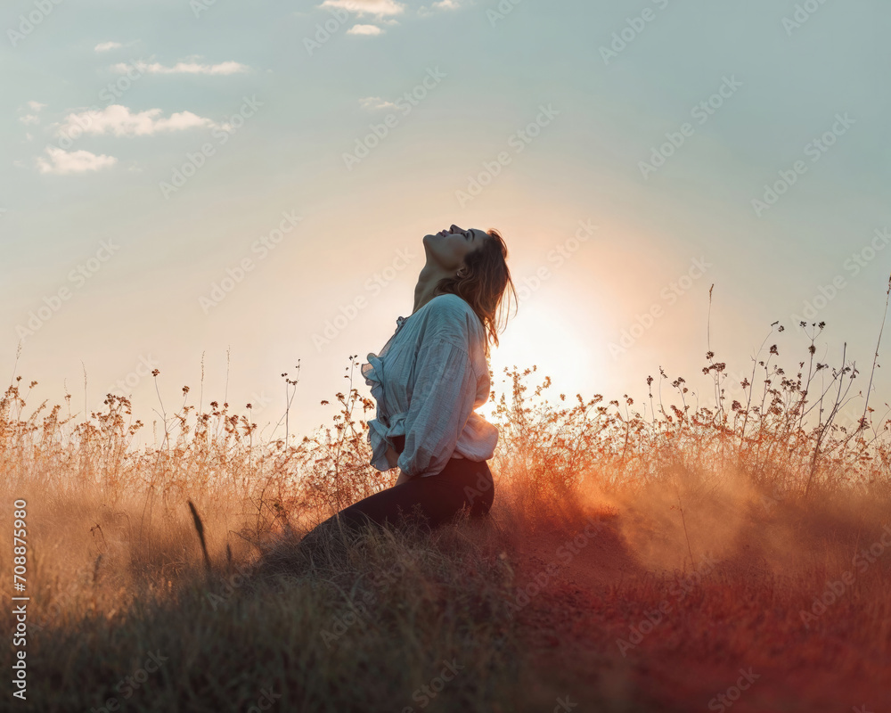 Fototapeta premium A woman in a field at dawn, feeling the warmth and freedom of the early morning light