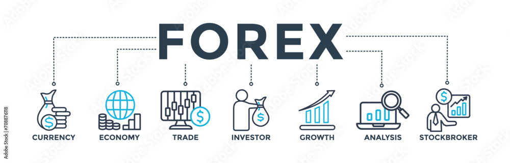 Forex banner concept with icon of currency, economy, trade, investor, growth, analysis and stockbroker. Web icon vector illustration Forex banner concept with icon of currency, economy, trade, investor, growth, analysis and stockbroker. Web icon vector illustration