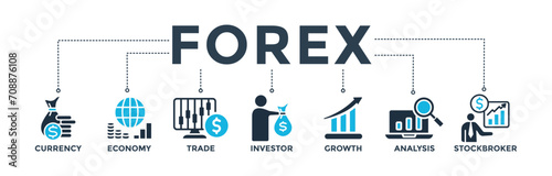 Forex banner concept with icon of currency, economy, trade, investor, growth, analysis and stockbroker. Web icon vector illustration