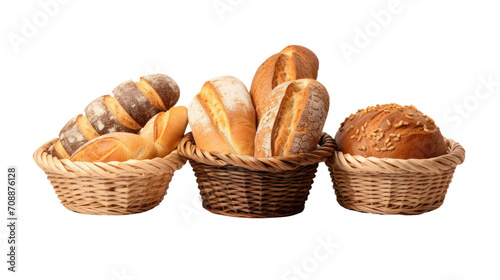 Delicious freshly baked bread in a basket, different versions, isolated