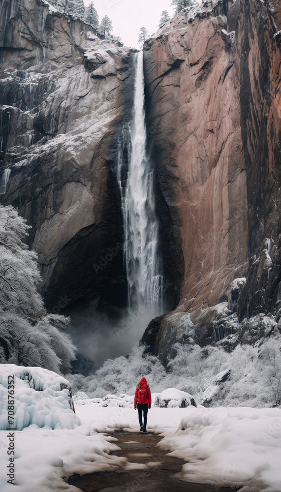 A person in a red jacket facing a towering waterfall surrounded by snow-covered trees and icy terrain