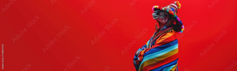 Lama wearing colorful clothes on red background. Banner