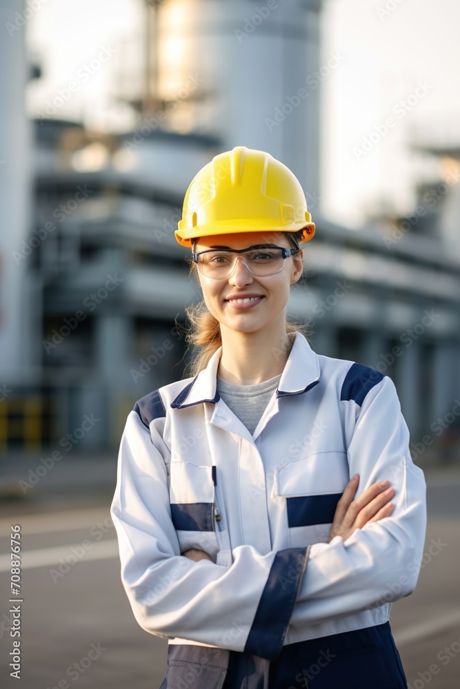 Portrait of a female engineer wearing a hard hat and safety glasses at an industrial facility Portrait of a female engineer wearing a hard hat and safety glasses at an industrial facility