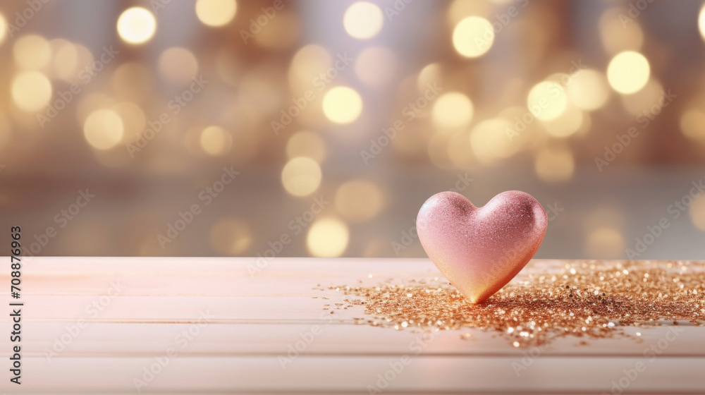 Valentines day background with heart bokeh and wooden table