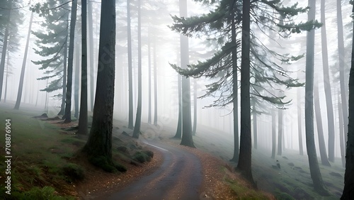 Generative ai. a road in the middle of a forest on a foggy day  beautiful misty wood  on a misty forest  misty wood  misty forest  fog mads berg  foggy forest  in a foggy forest