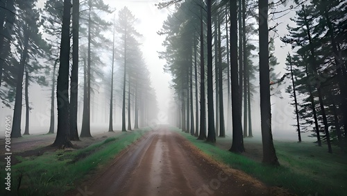 Generative ai. a dirt road surrounded by tall trees on a foggy day, foggy forrest backdrop, fog mads berg, road between tall trees, road, misty wood, mist, beautiful misty wood, foggy forest