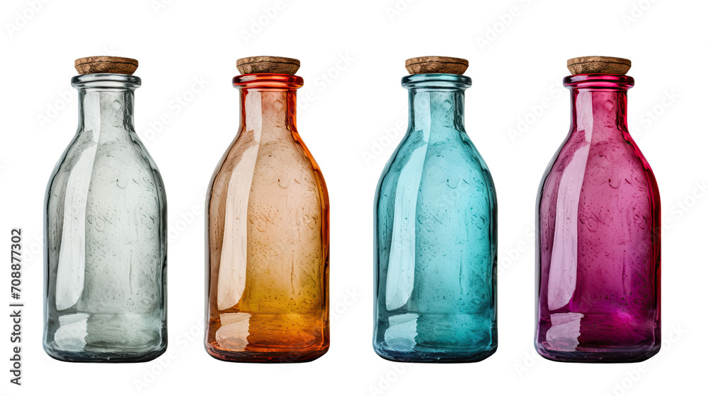 old empty glass bottles, different colors, isolated