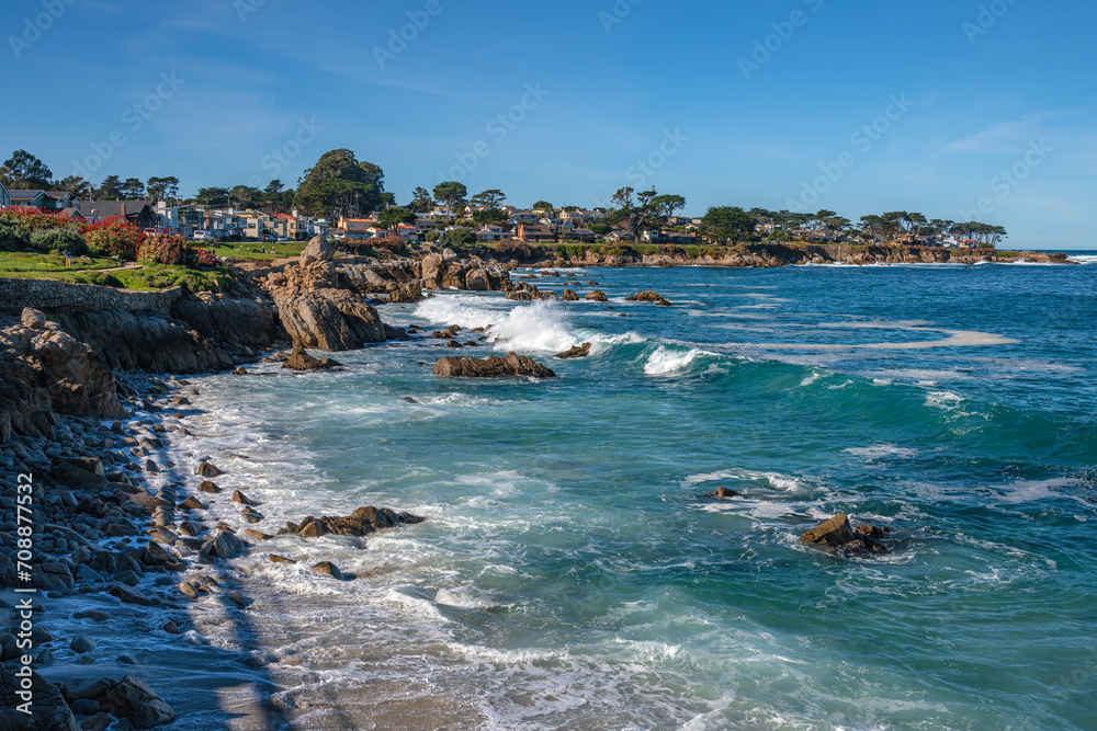 Monterey California shoreline landscape and houses.