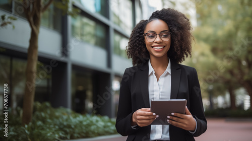 African female entrepreneur dressed in business attire, holding a portfolio or tablet. She looks confident and professional, standing in an office or business setting photo