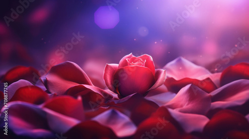 Pink and red roses petals on a bokeh background.