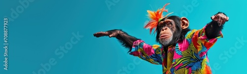 Monkey wearing colorful clothes dancing on blue background . Banner