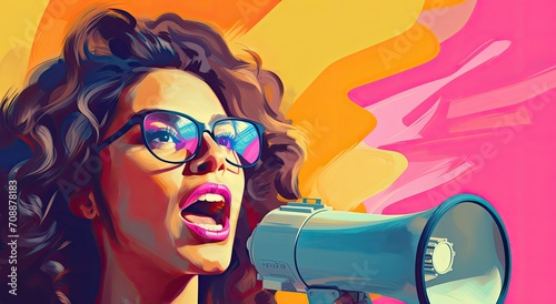 Young woman with dark curly hair and pink glasses holding megaphone. Pop art style background or commercial 