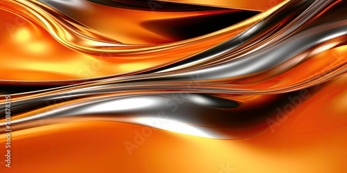 Silver and orange chrome metal fluid, waves, background 
