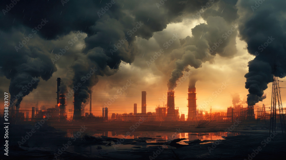 Aerial view of tall chimneys of a coal power plant with black smoke rising up polluting the atmosphere at sunrise. Aerial view of tall chimneys of a coal power plant with black smoke rising up polluting the atmosphere at sunrise.